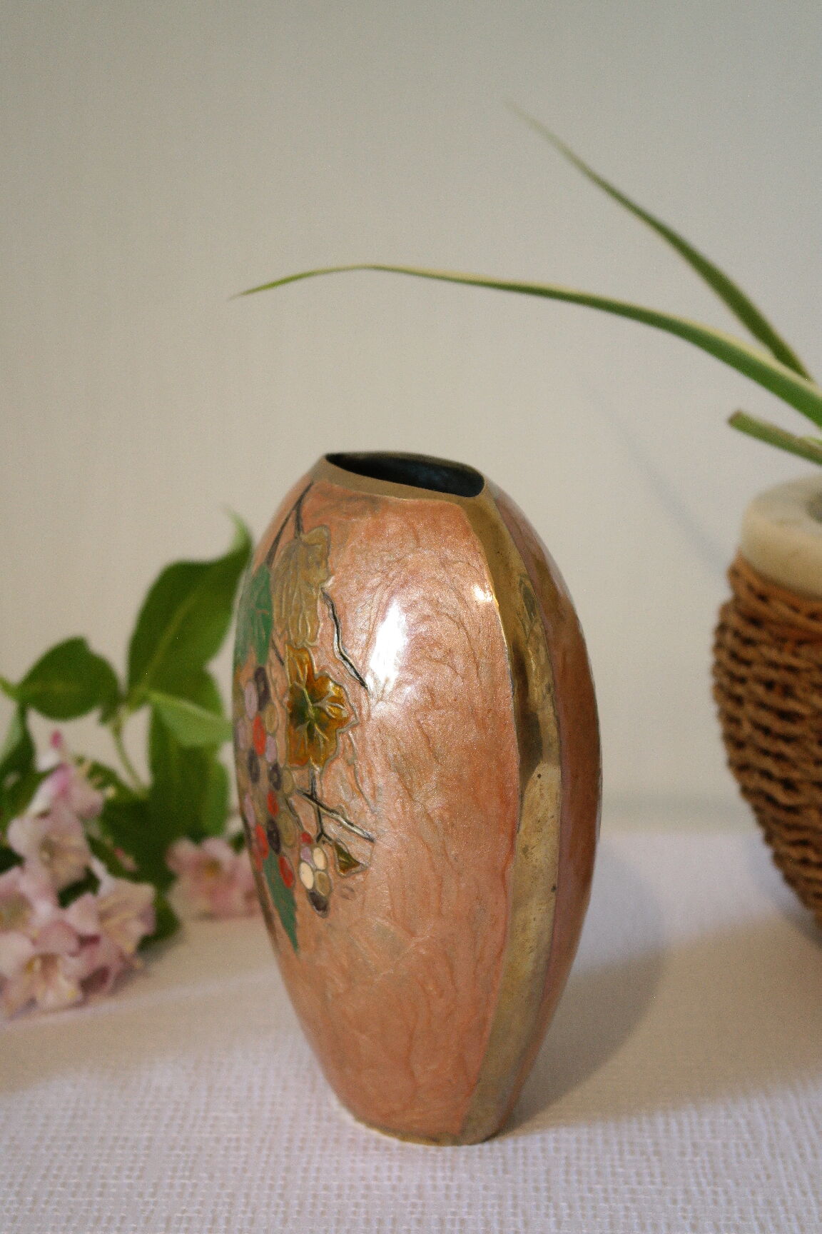 Vintage enamelled polychrome brass vase