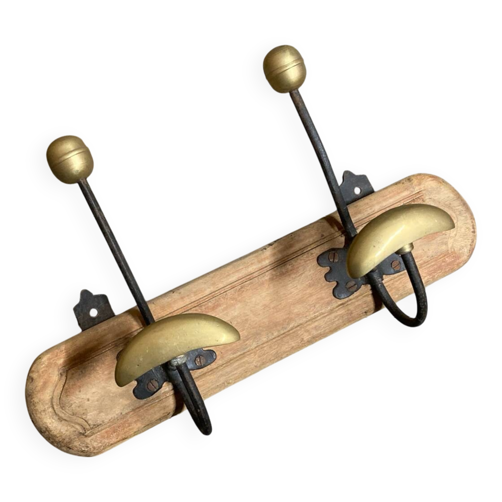 Porte manteau 2 patères en bois, fer et laiton
