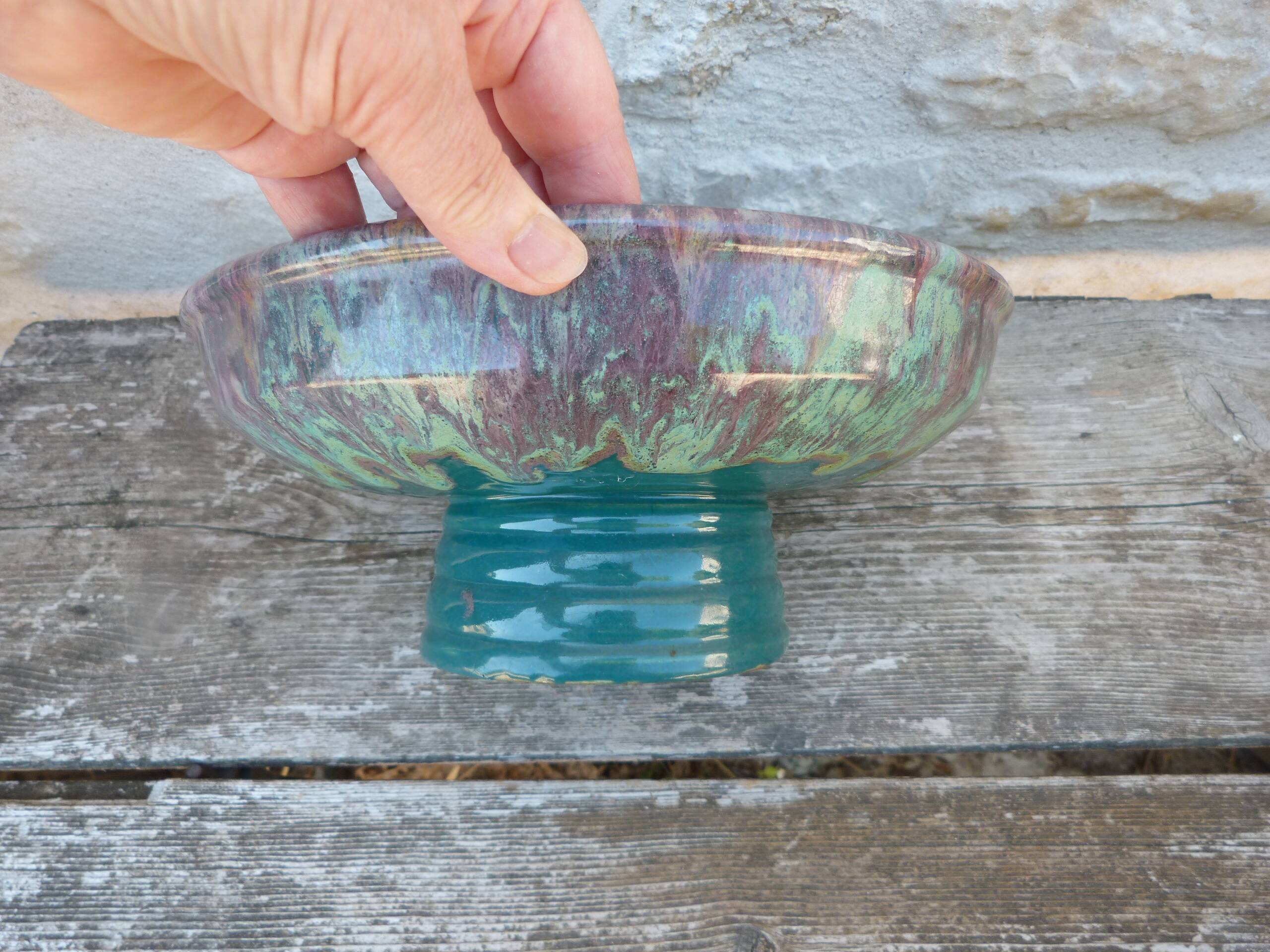 Vintage fruit bowl cab ceramic from bordeaux in green terracotta.