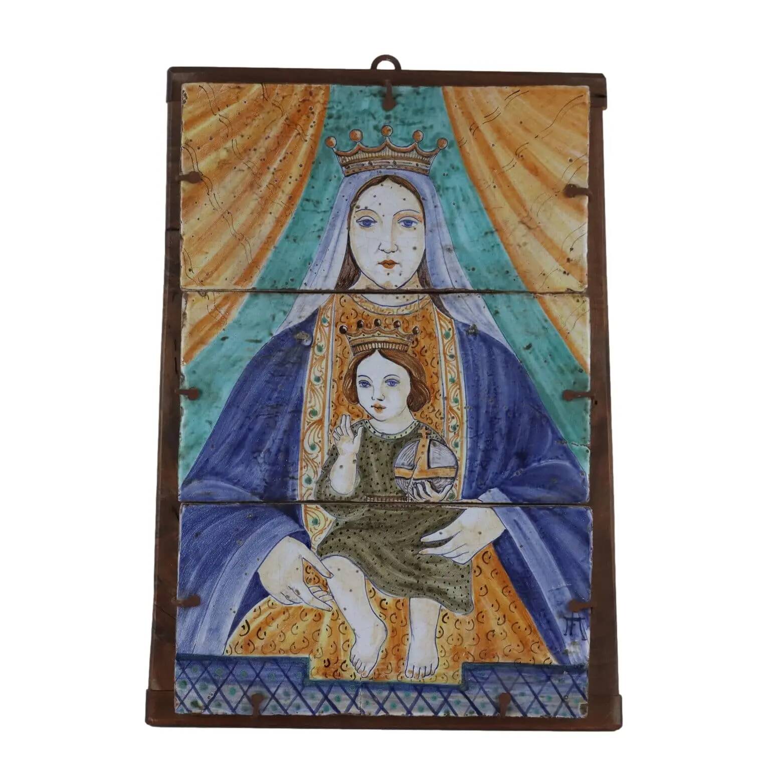 Ancient majolica painting on wood, religious subject, Italy 20th century.