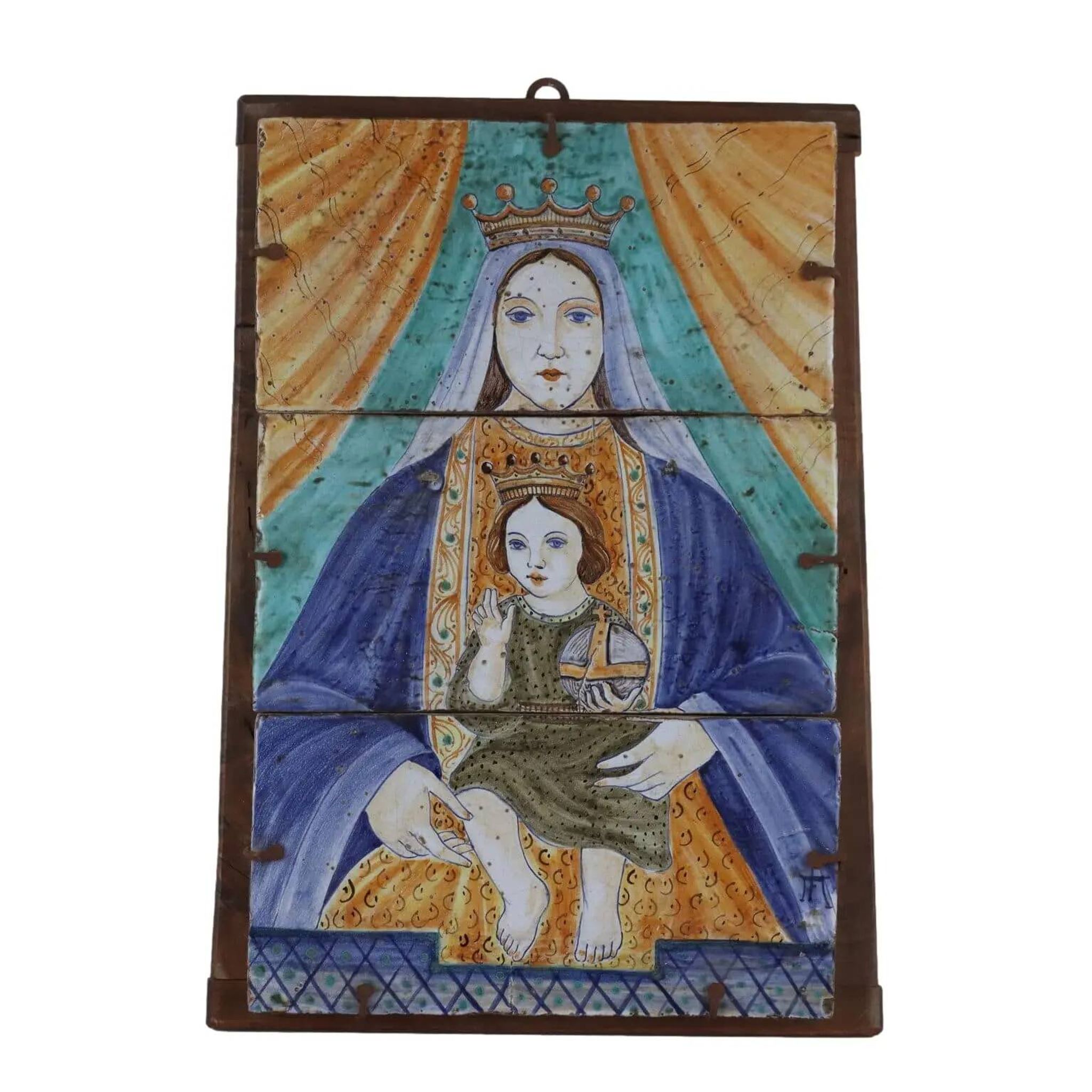 Ancient majolica painting on wood, religious subject, Italy 20th century.