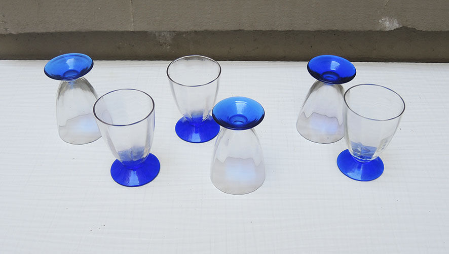 6 old conical glasses art deco transparent blue foot