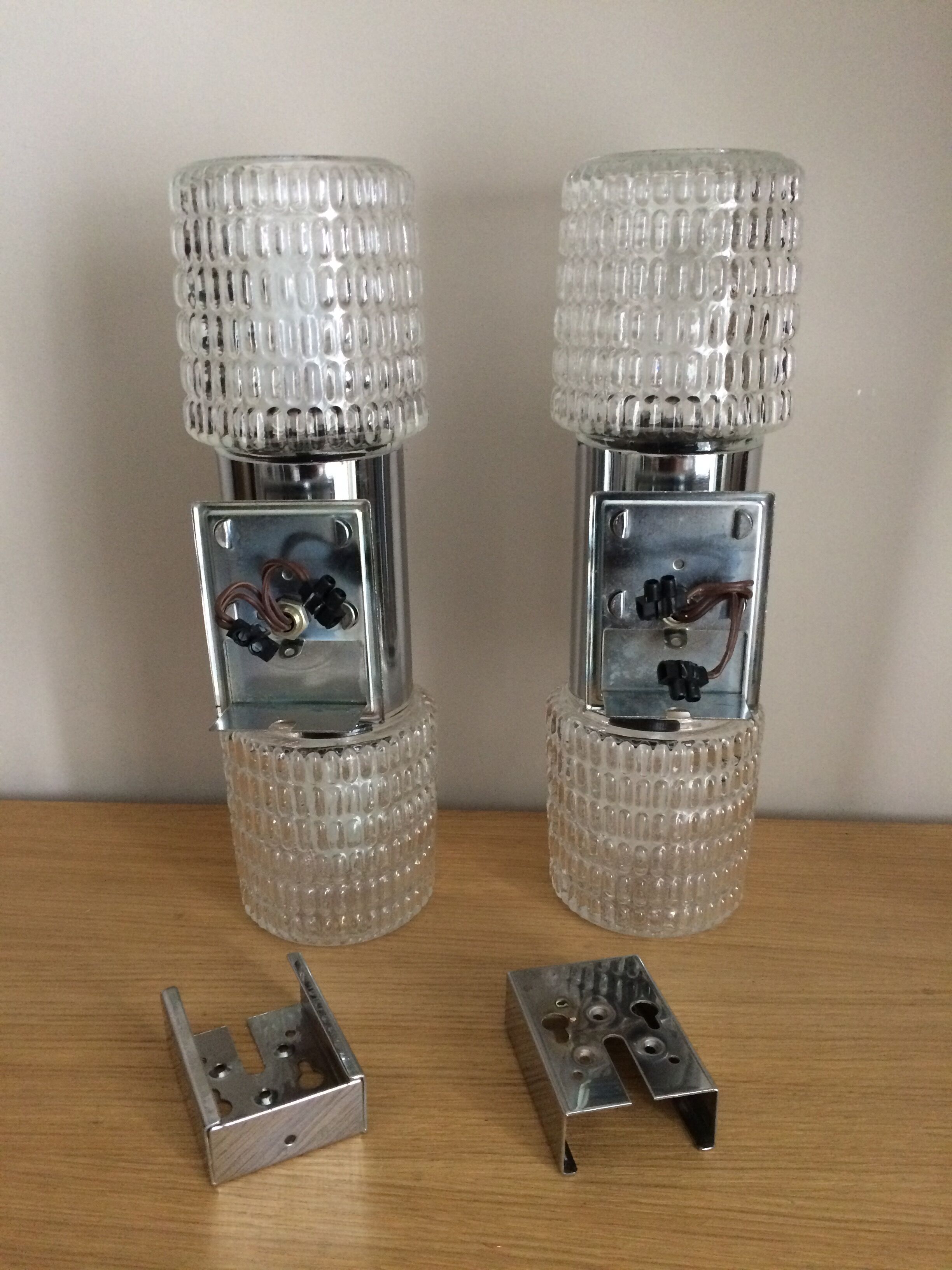 Pair of 70 years double wall light in chrome and glass