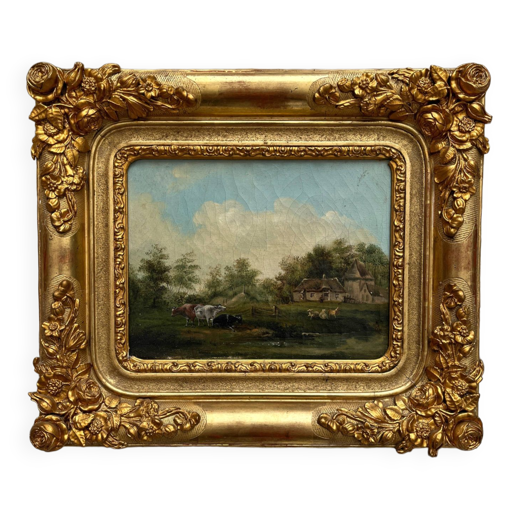 Old oil painting on canvas countryside landscape 19th