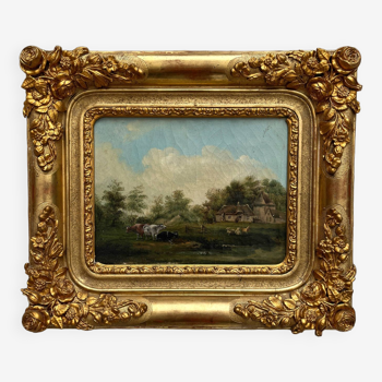 Tableau ancien huile sur toile paysage de campagne 19eme