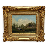 Old oil painting on canvas countryside landscape 19th