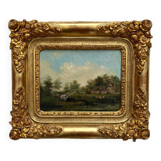 Tableau ancien huile sur toile paysage de campagne 19eme