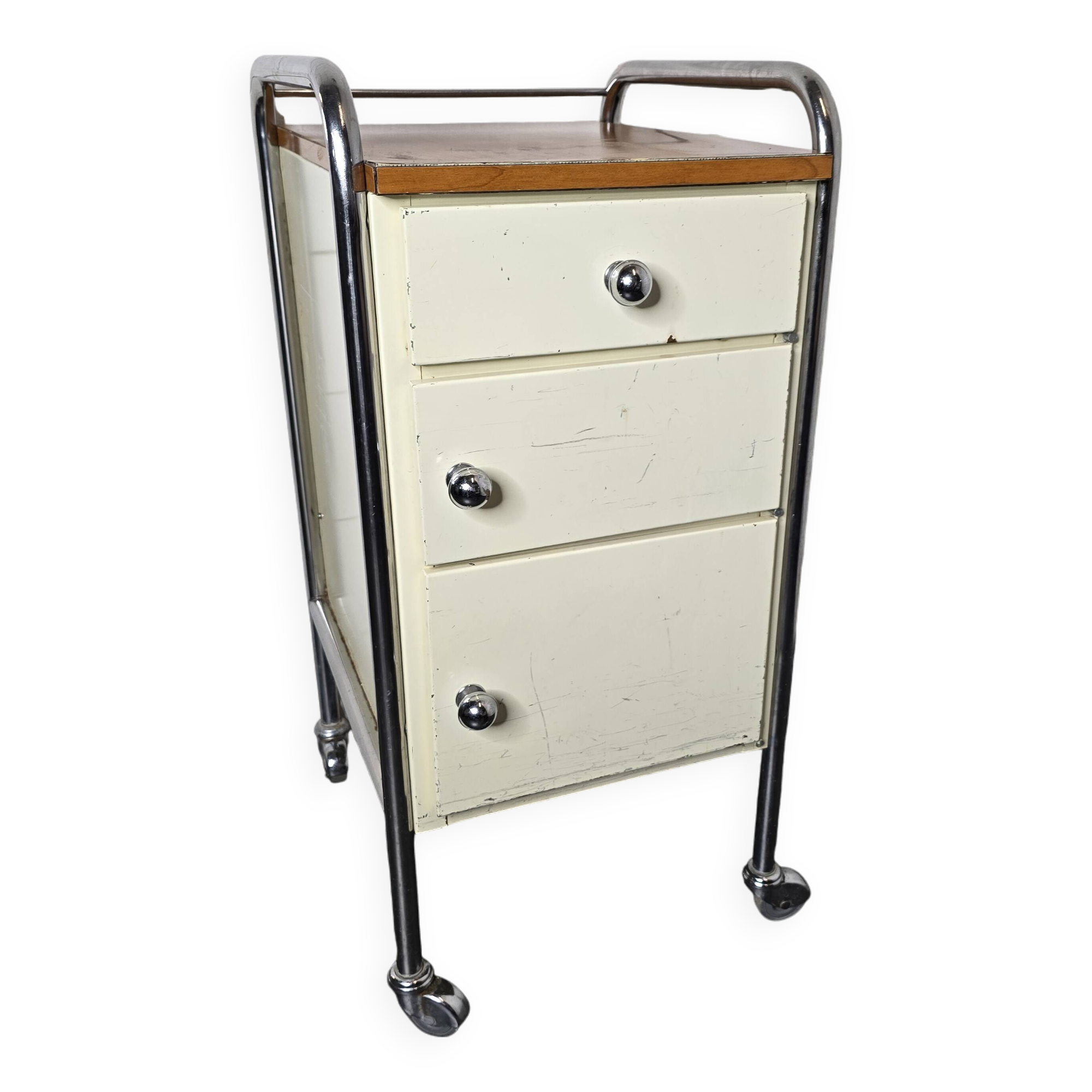 Mid-20th century metal cabinet table on wheels