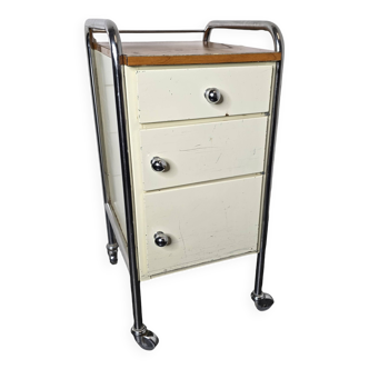 Mid-20th century metal cabinet table on wheels