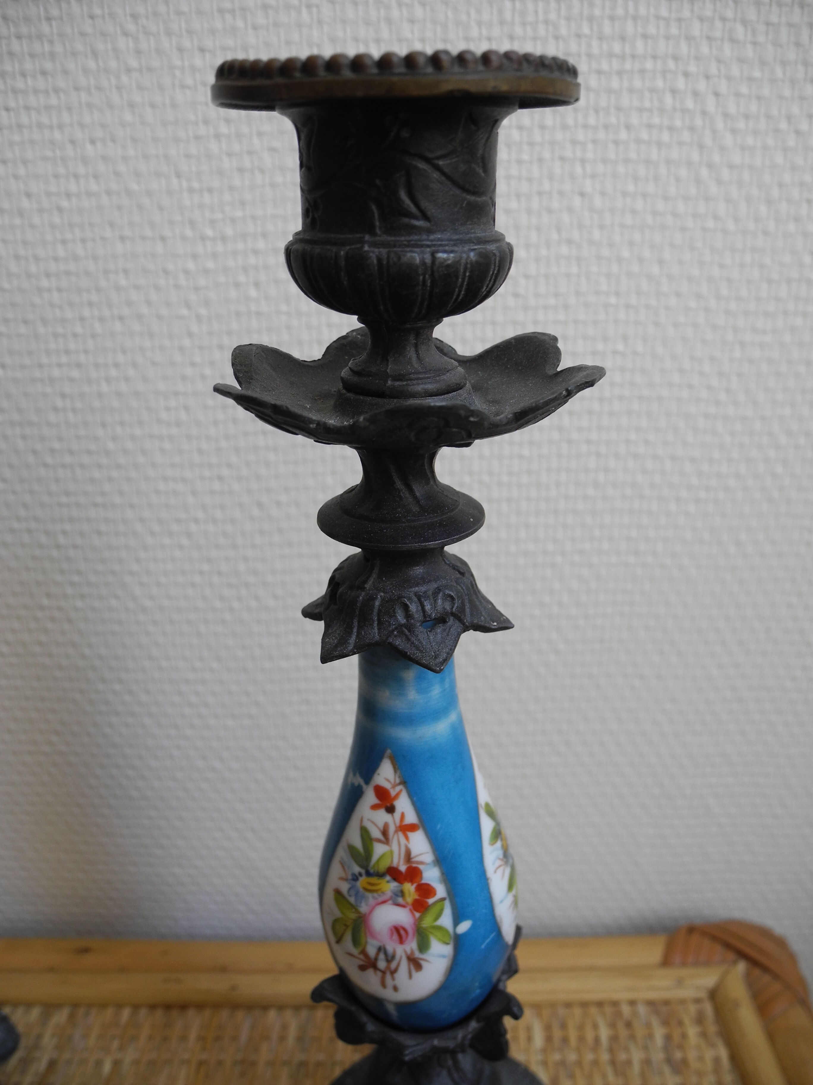 pair old candlesticks tin porcelain old french candlesticks