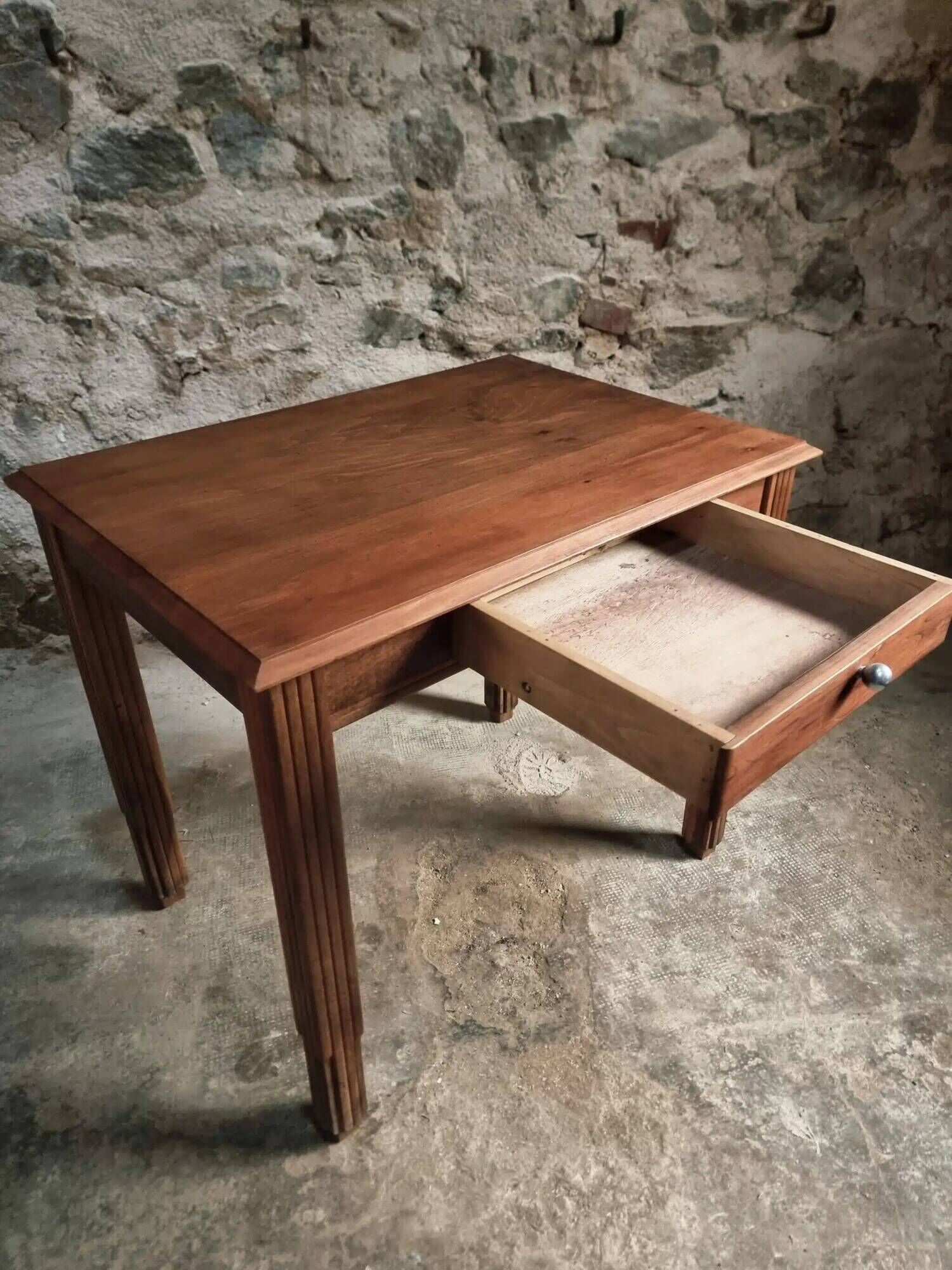 Vintage French walnut writing desk, 1950s Art Deco style, table with drawer, compact desk or side table