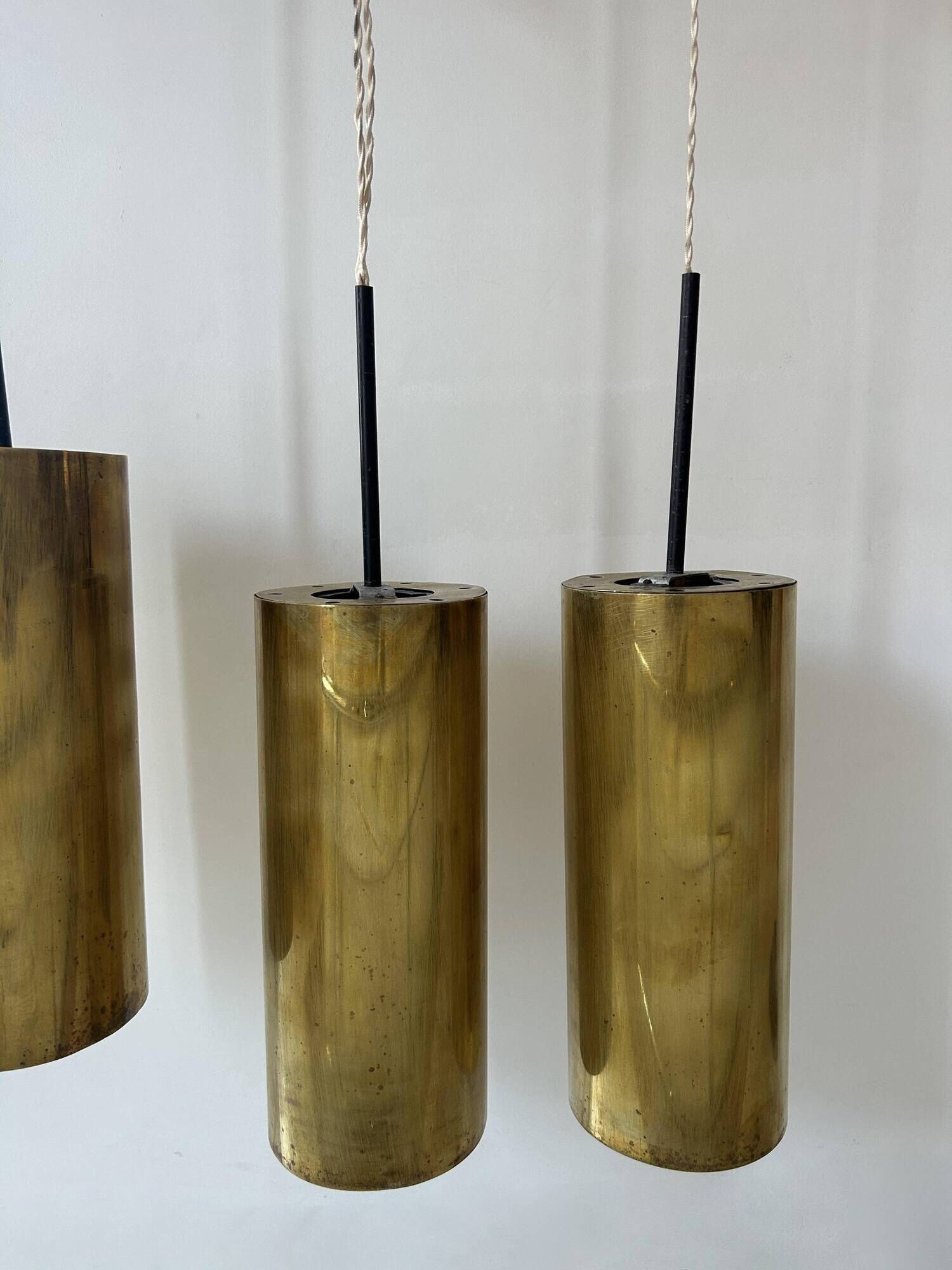 Set of 3 vintage pendant lights in solid brass, France 1960s
