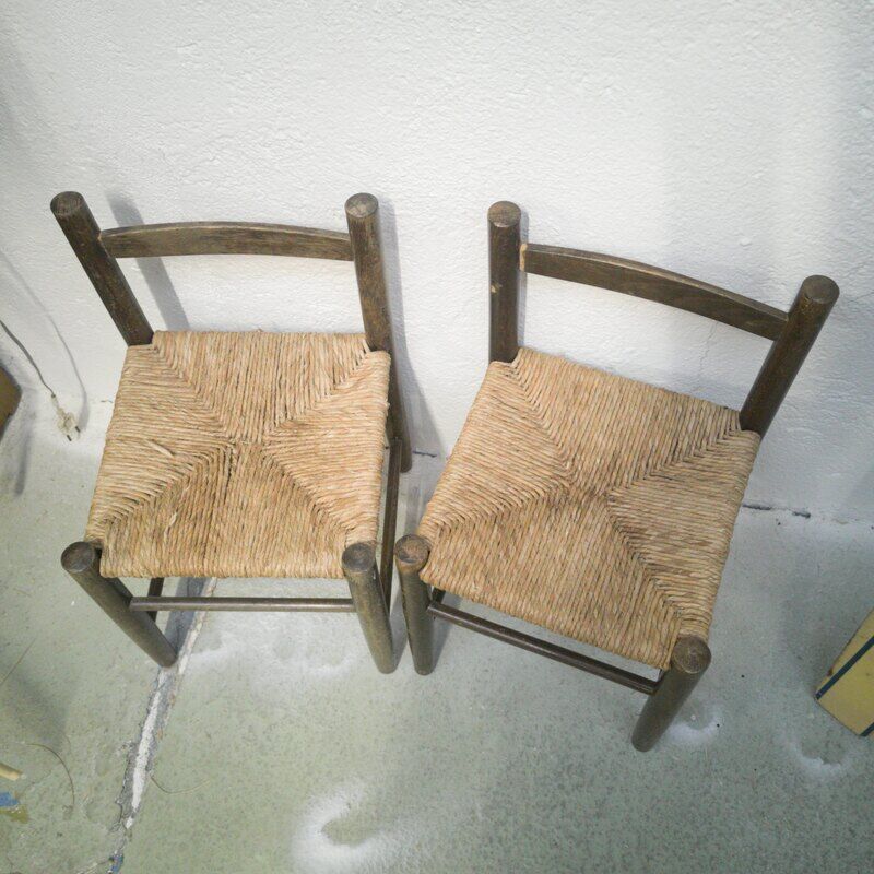 Paire de chaises enfant en bois et paille