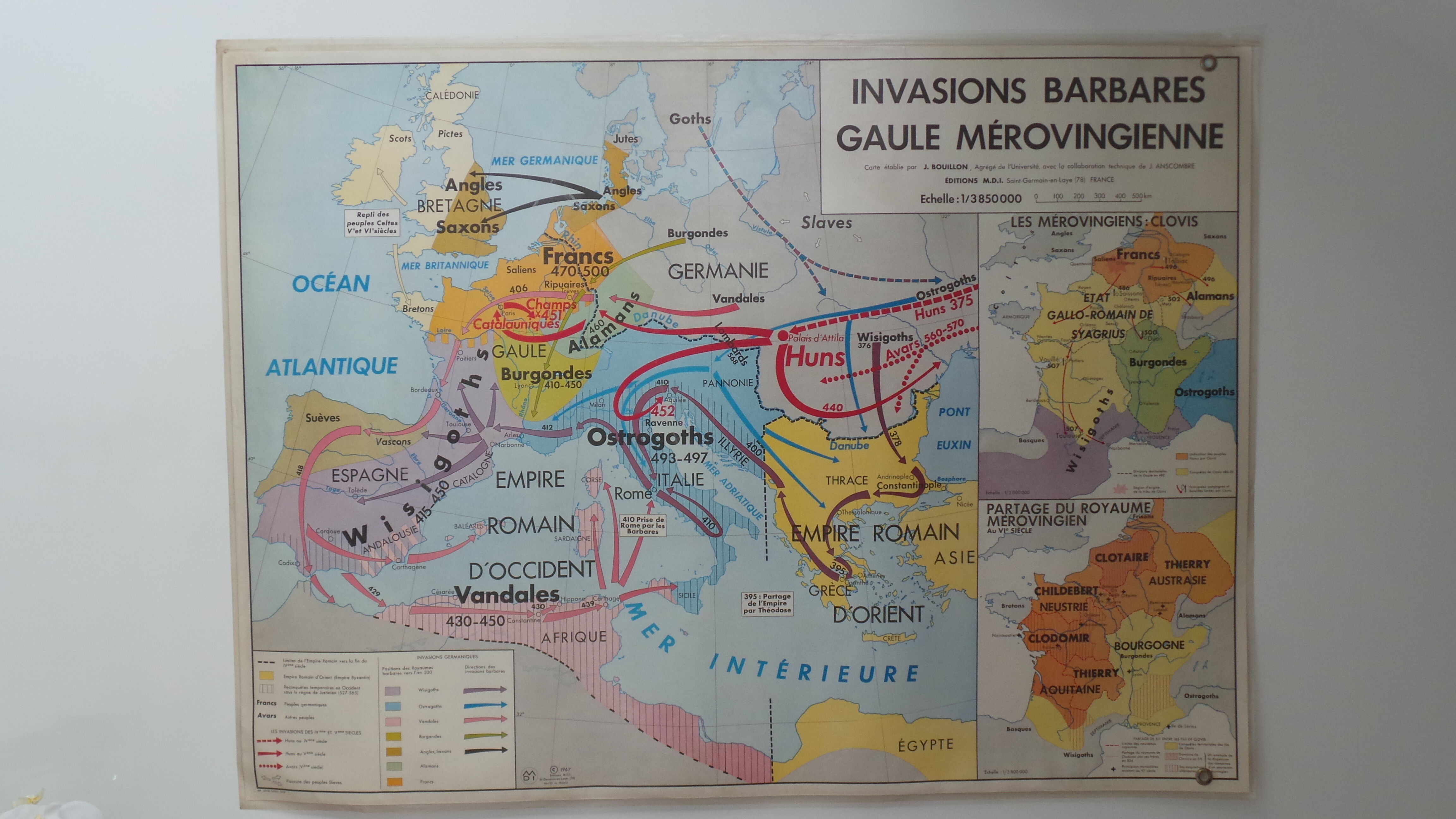 Carte scolaire Gaule Romaine et Invasions Barbares 1967