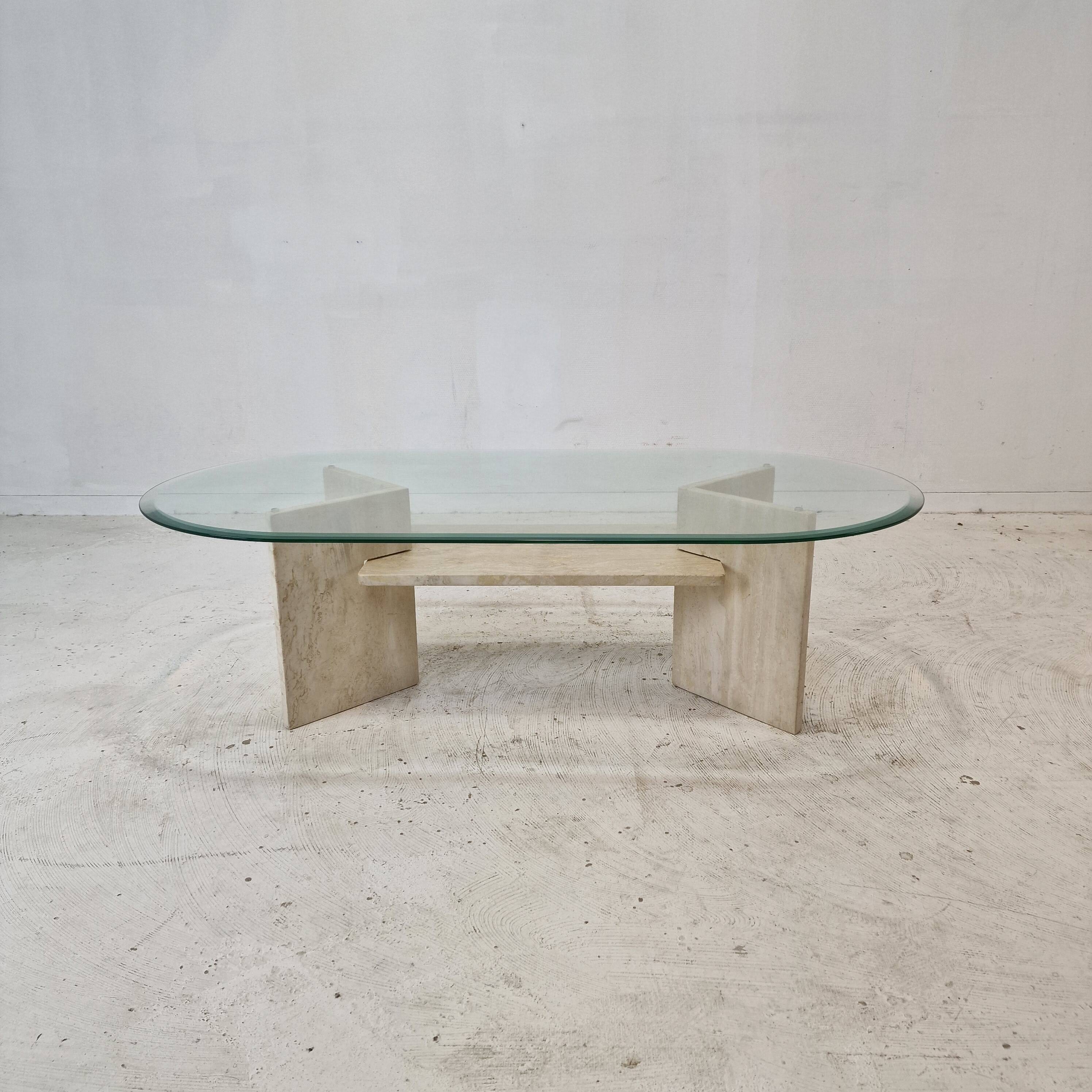 Italian Coffee Table in Travertine and Facet Cut Glass, 1980s