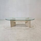 Italian Coffee Table in Travertine and Facet Cut Glass, 1980s