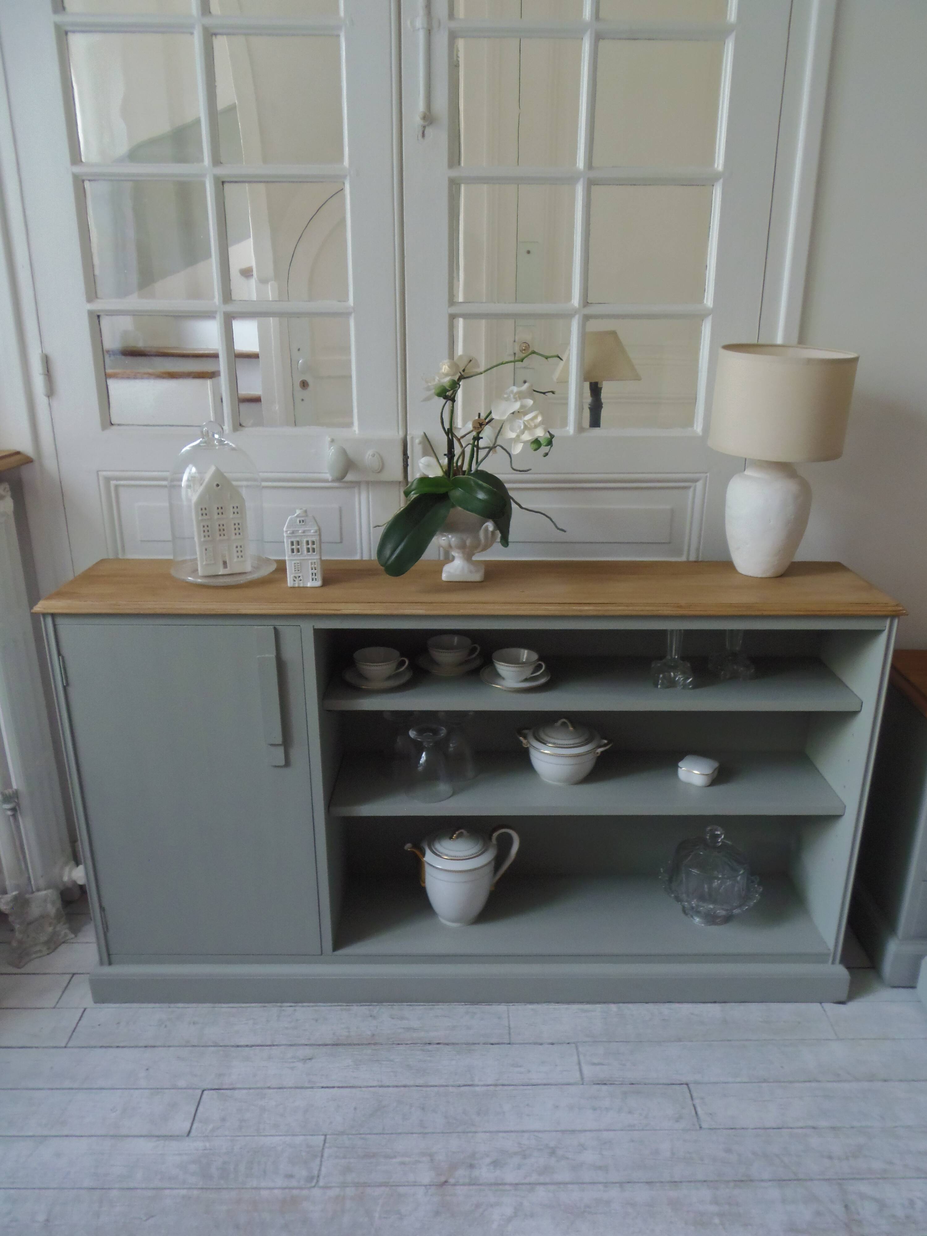 Furniture, vintage bookcase re-enchanted in verdigris, wooden top.