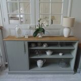Furniture, vintage bookcase re-enchanted in verdigris, wooden top.
