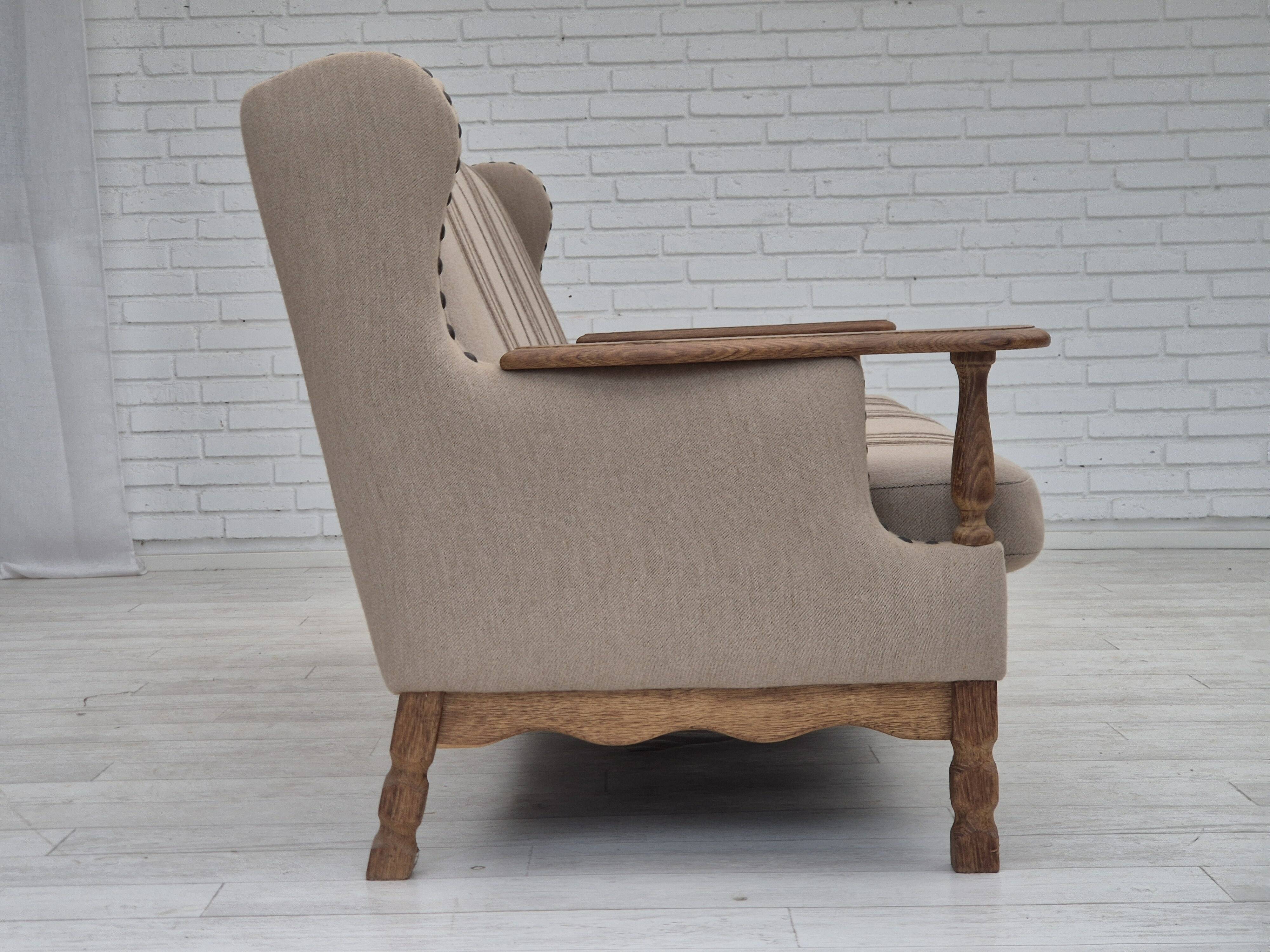 1970s, Danish 3-seater sofa, furniture wool fabric, oak wood, original.