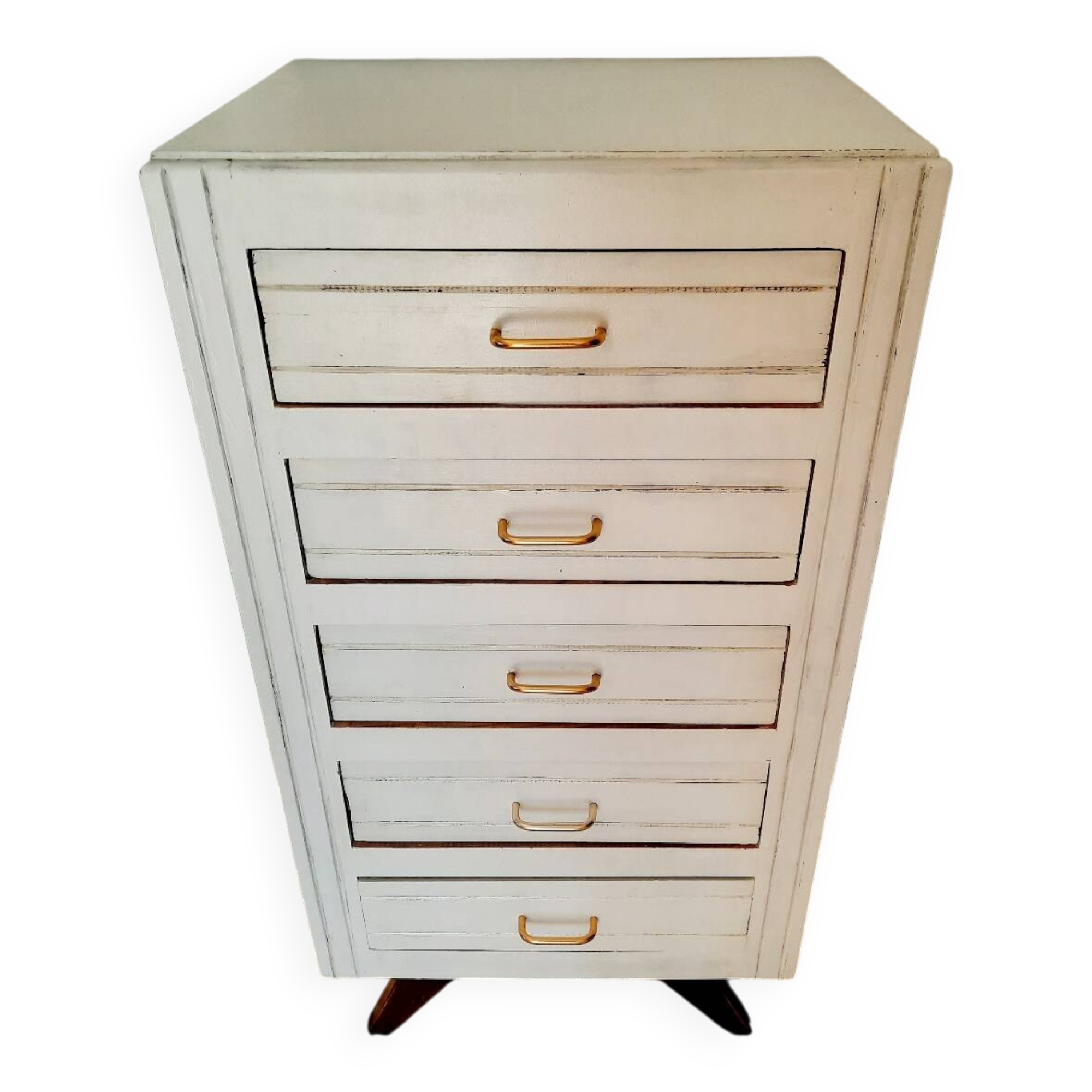 Chiffonnier/ Commode haute ancienne patinée blanc pieds compas