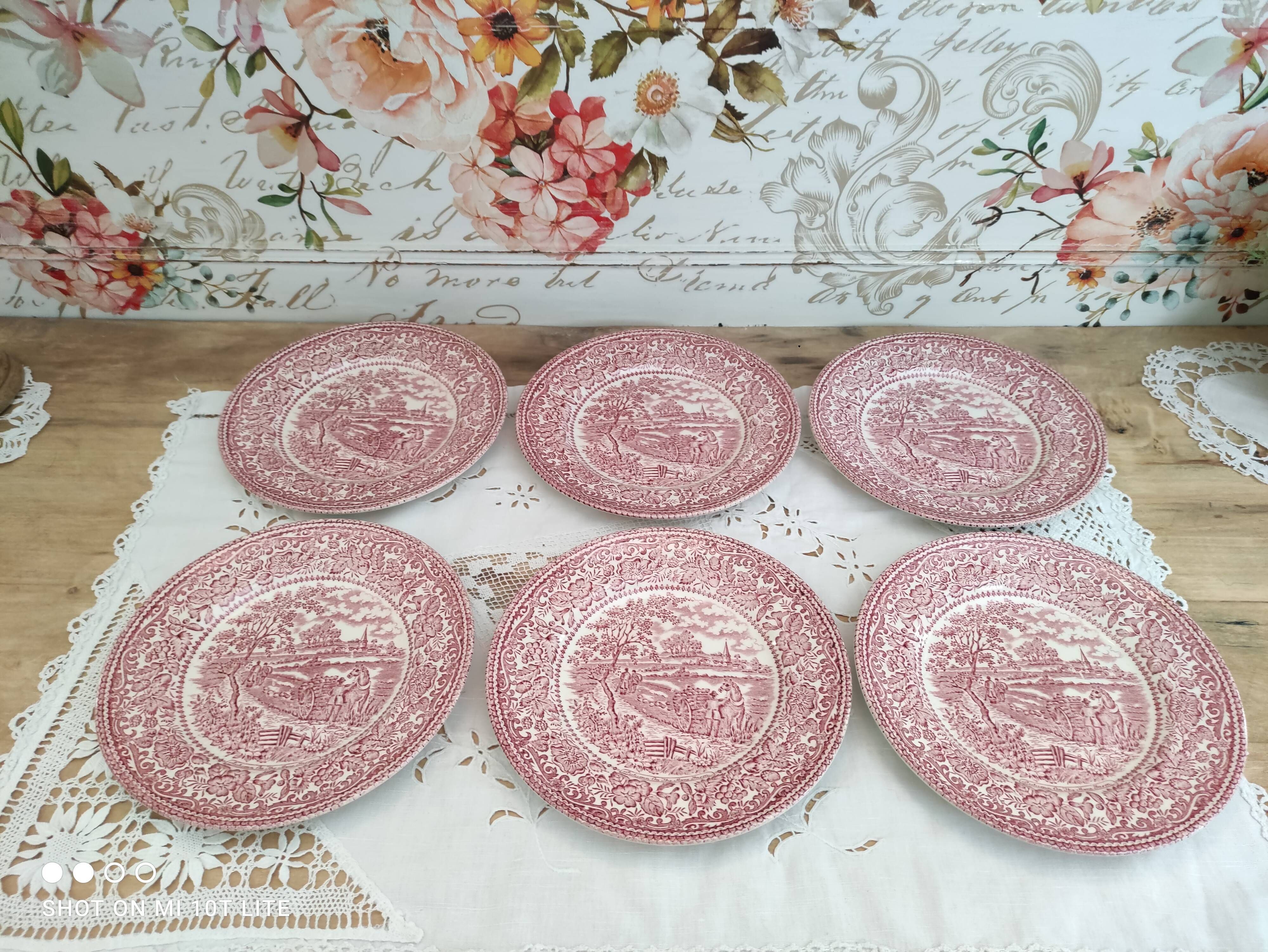 Set of 6 dessert plates in English porcelain red country décor