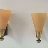 Pair of vintage wall lights, amber glass and patinated brass, France 1960