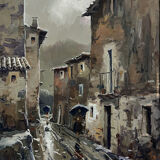 José Colomer: oil on canvas seen from a street in Gerona, Spain circa 1960