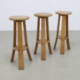 3x Barstools in solid Oak Brutalist, 1970s