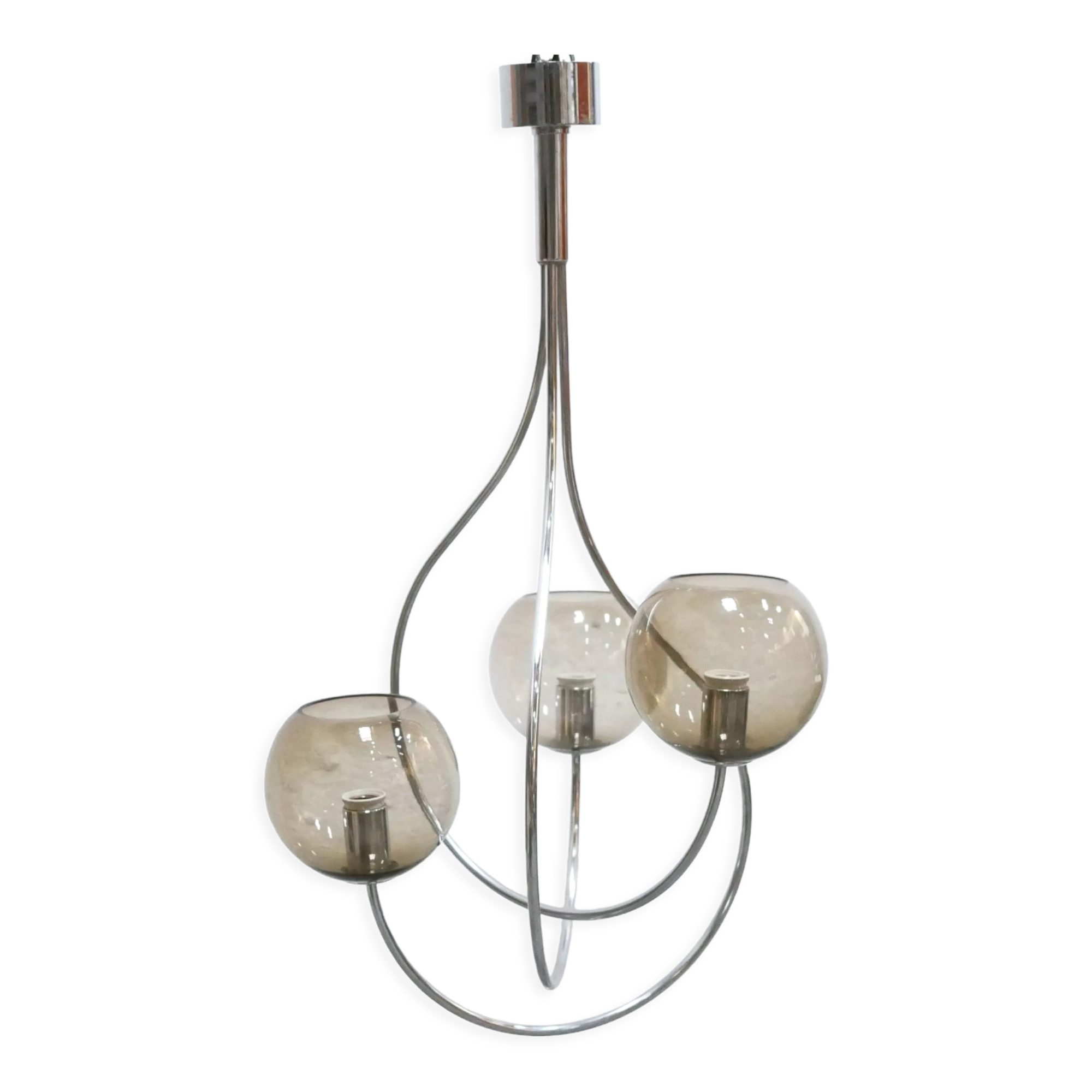 Vintage chandelier in chromed metal and smoked glass