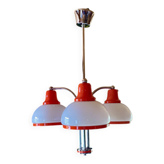 Lustre, Suspension, Plafonnier, 3 abat-jours blanc et orange, année 70