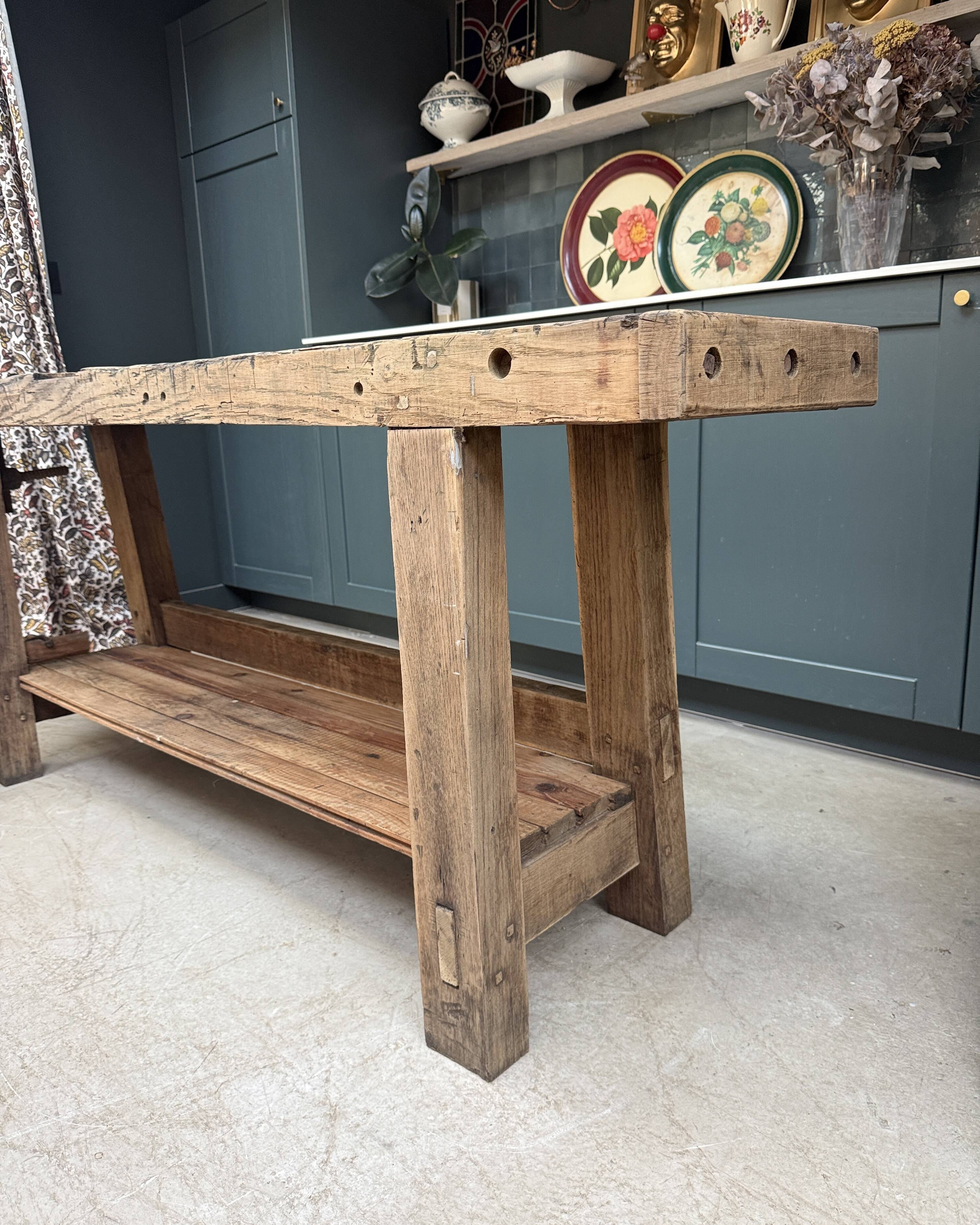 Old solid oak carpenter's workbench (renovated)