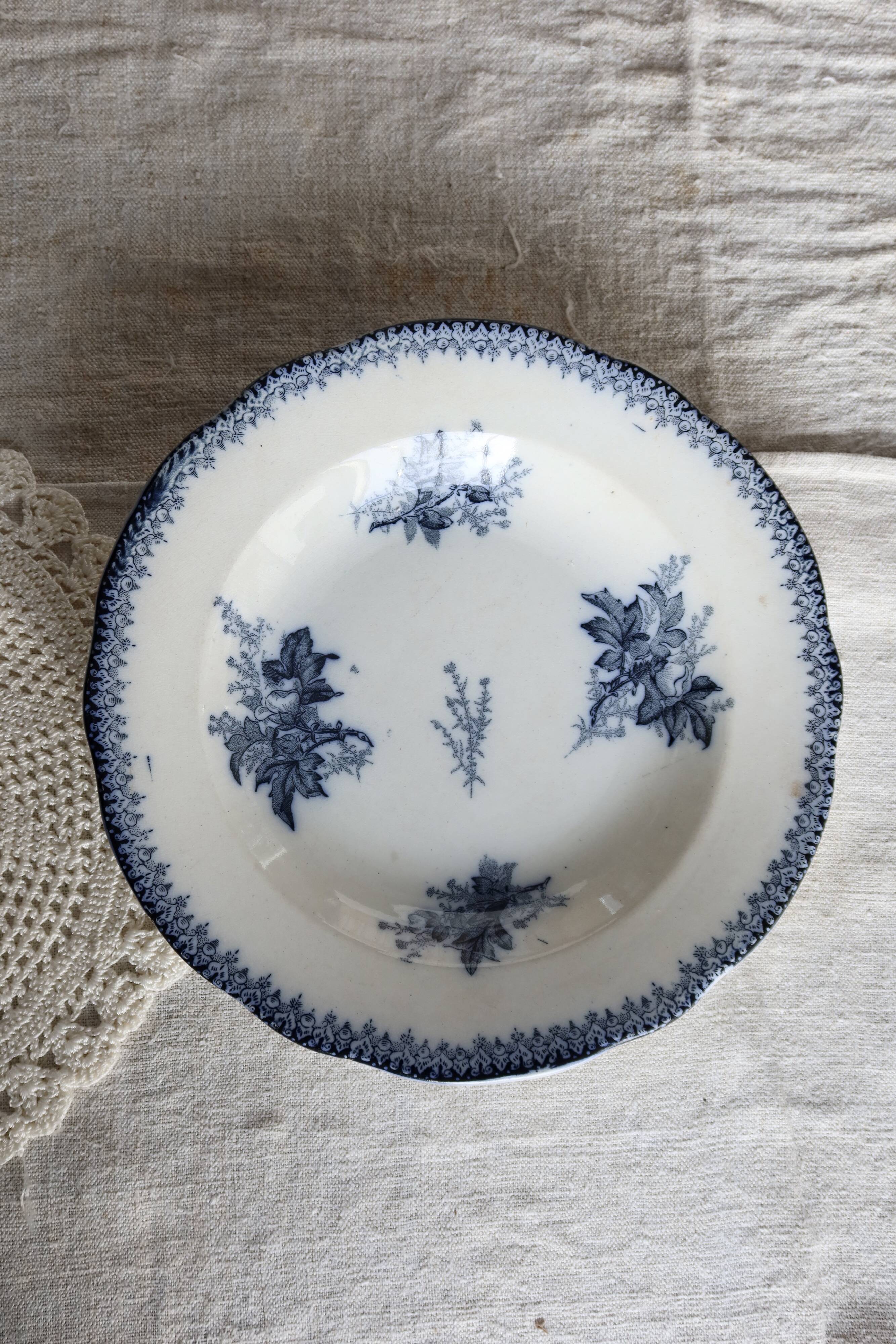 Antique hollow plate in Onnaing ironstone – Blue floral decoration