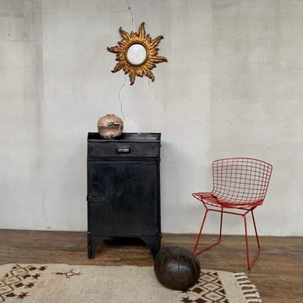 Old Industrial workshop furniture with 1 door 1 drawer in patinated iron