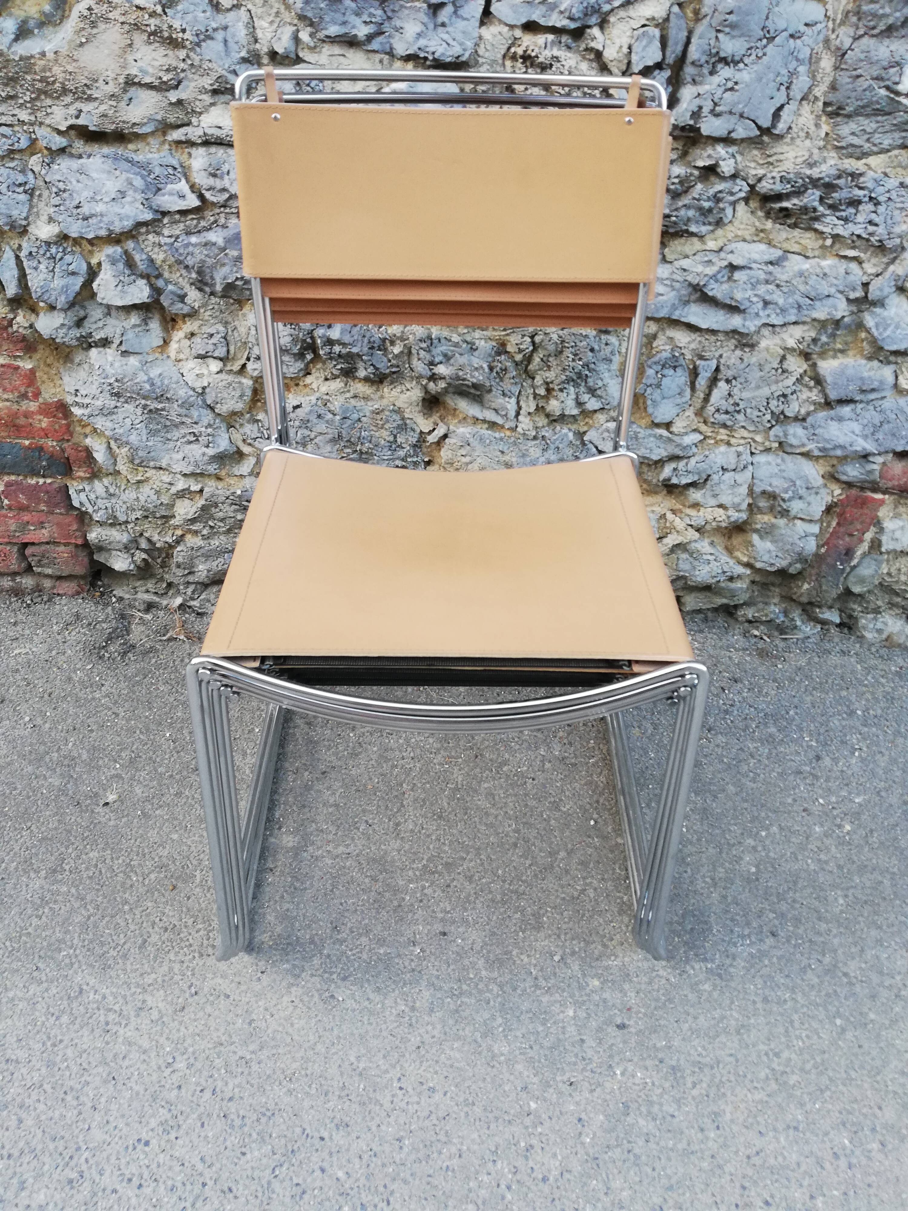 Chrome metal chair upholstered in leather 1970 Giandomenico Belotti