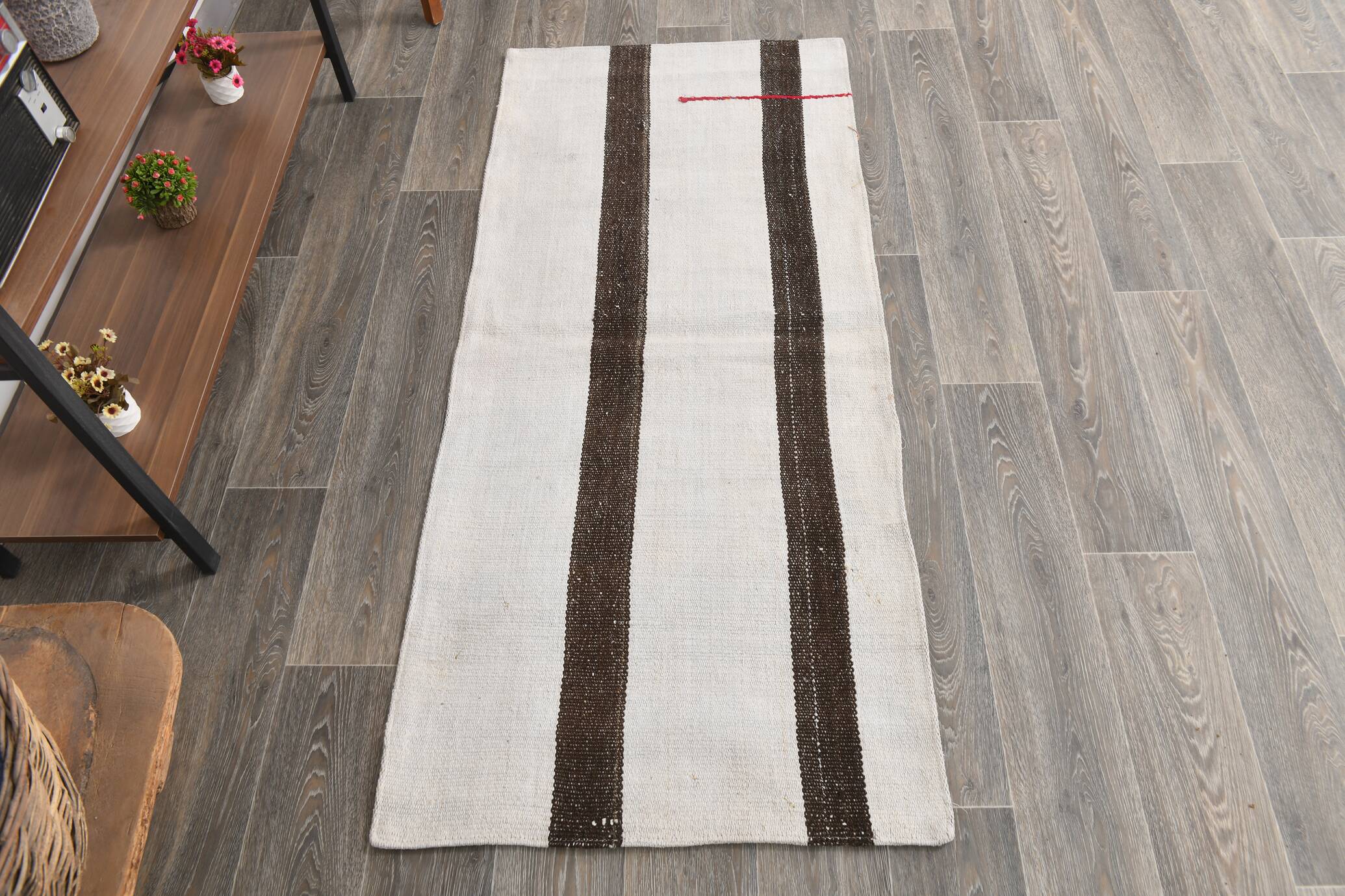 Short White Brown Turkish Kilim Runner Rug, 75x174Cm