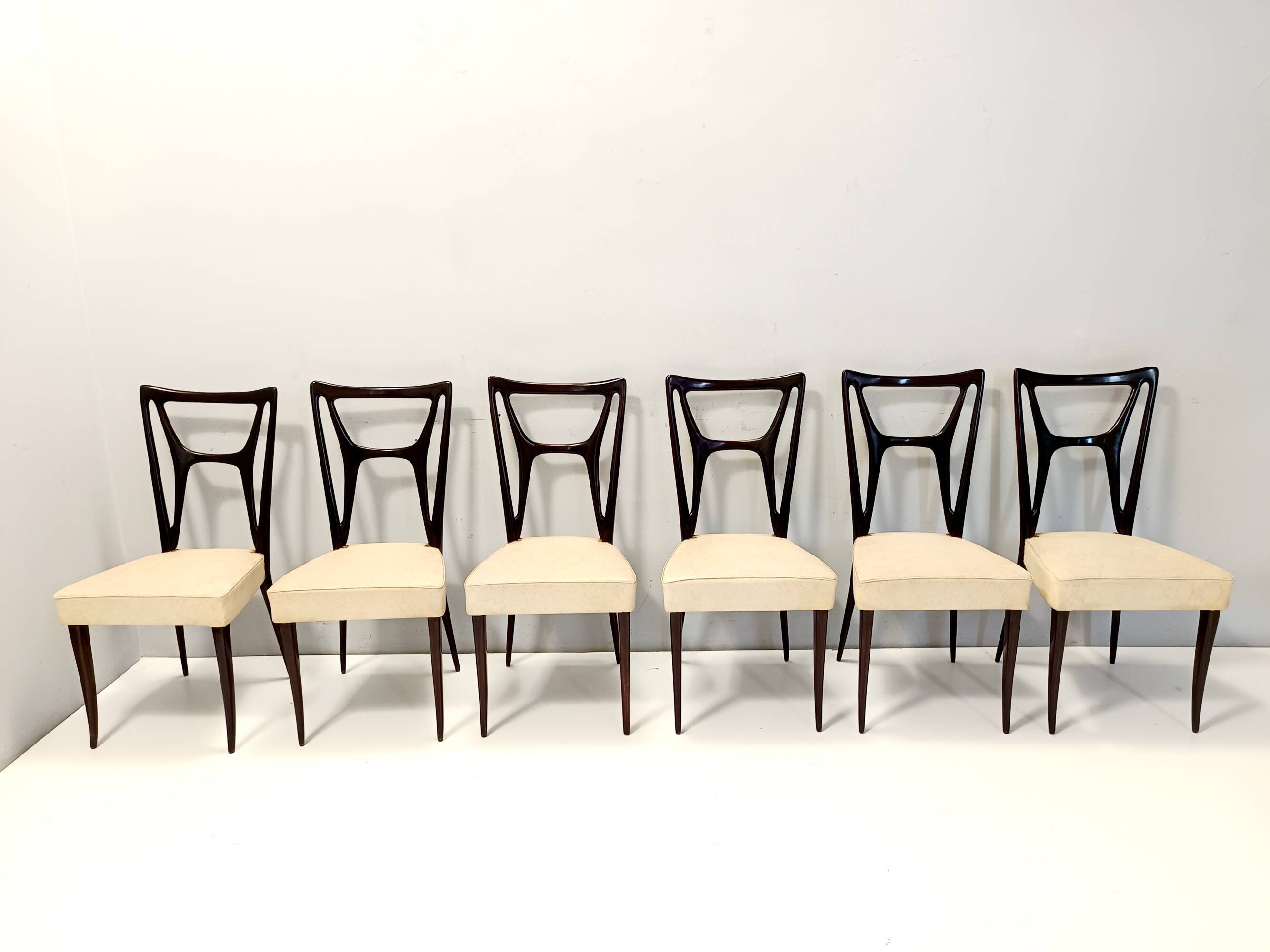 Set of Six Ebonized Beech Dining Chairs with Ivory Skai Upholstery, Italy