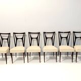Ensemble de six chaises de salle à manger en hêtre noirci avec revêtement en skaï ivoire, Italie