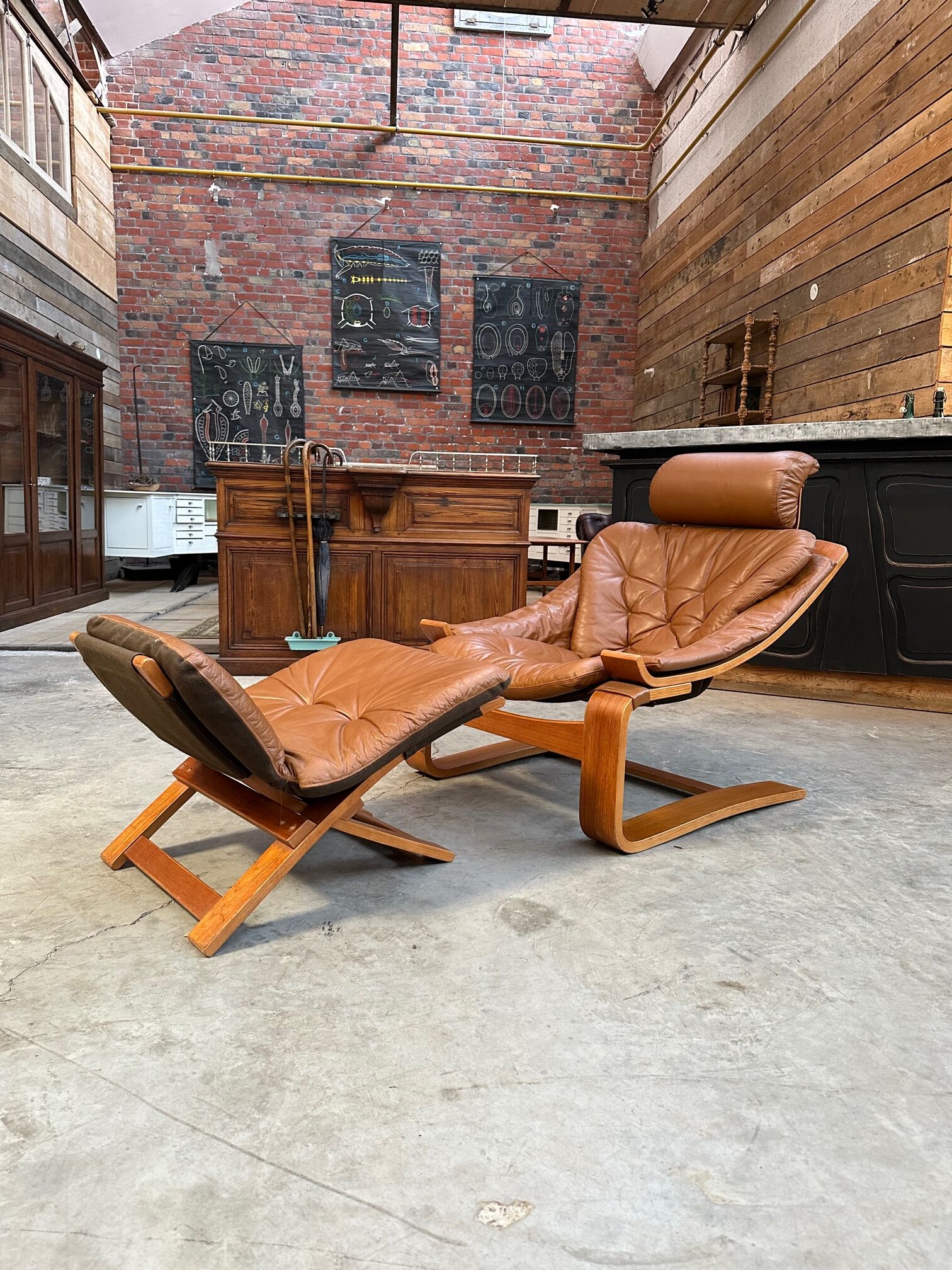 Kroken armchair and footrest in leather and bentwood by Ake Fribytter for Nelo Mobel, Sweden