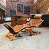 Kroken armchair and footrest in leather and bentwood by Ake Fribytter for Nelo Mobel, Sweden