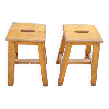 Paire de Tabourets en bois de Gare 1950s