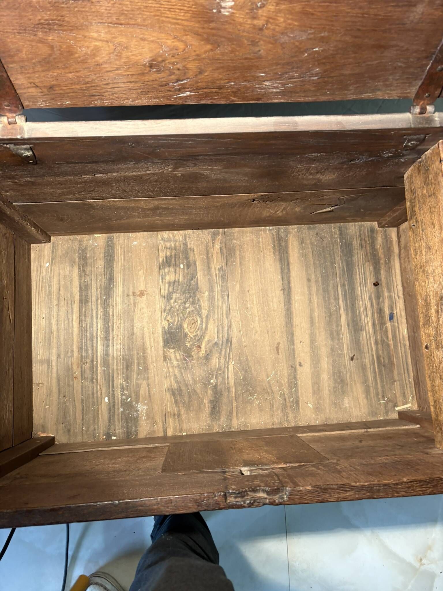 Rustic antique oak chest, original fittings and moulded panels.