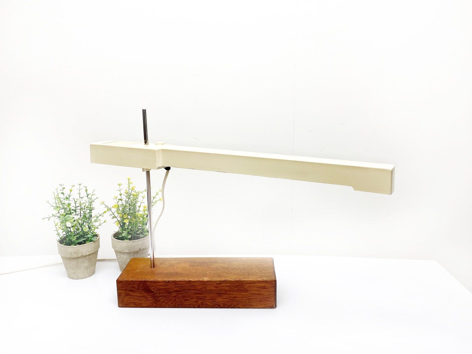 Unique XL Vintage Fluorescent Desk Lamp, Solid wooden base, Mid Century Table Lamp