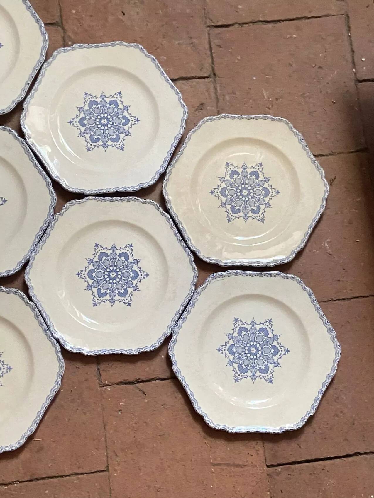 Set of 10 antique 6-sided flat plates – late 19th century earthenware, oriental light blue decor