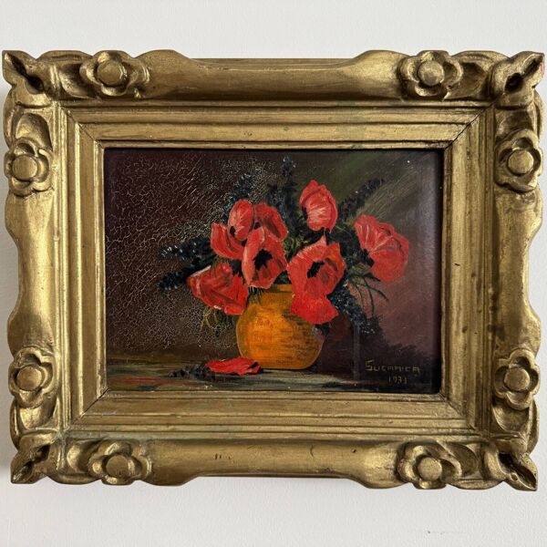 Huile sur panneau par Suefirier 1933 nature morte aux coquelicots