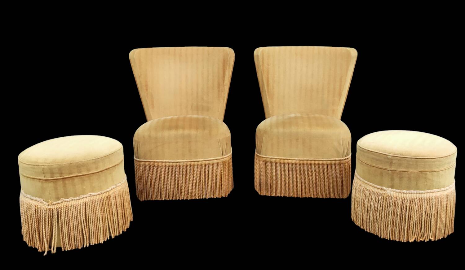 Pair of old toad armchairs with pouffe footrest