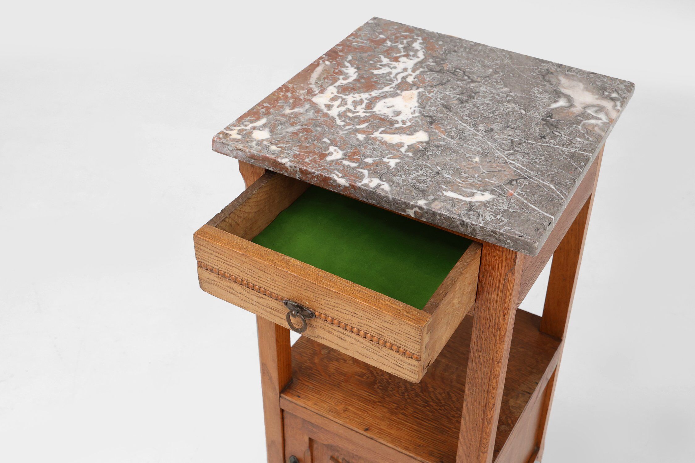 French Art Deco Nightstand in Oak with Pink Marble Top, 1930s