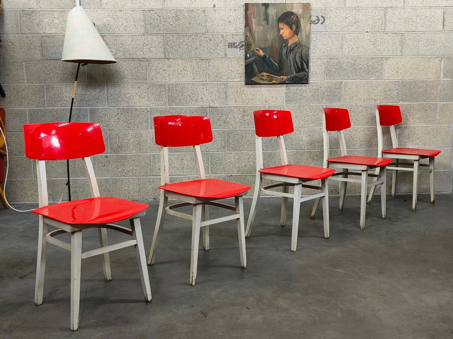 Set of 5 chairs TON Bystrice (Thonet) red and white 1960