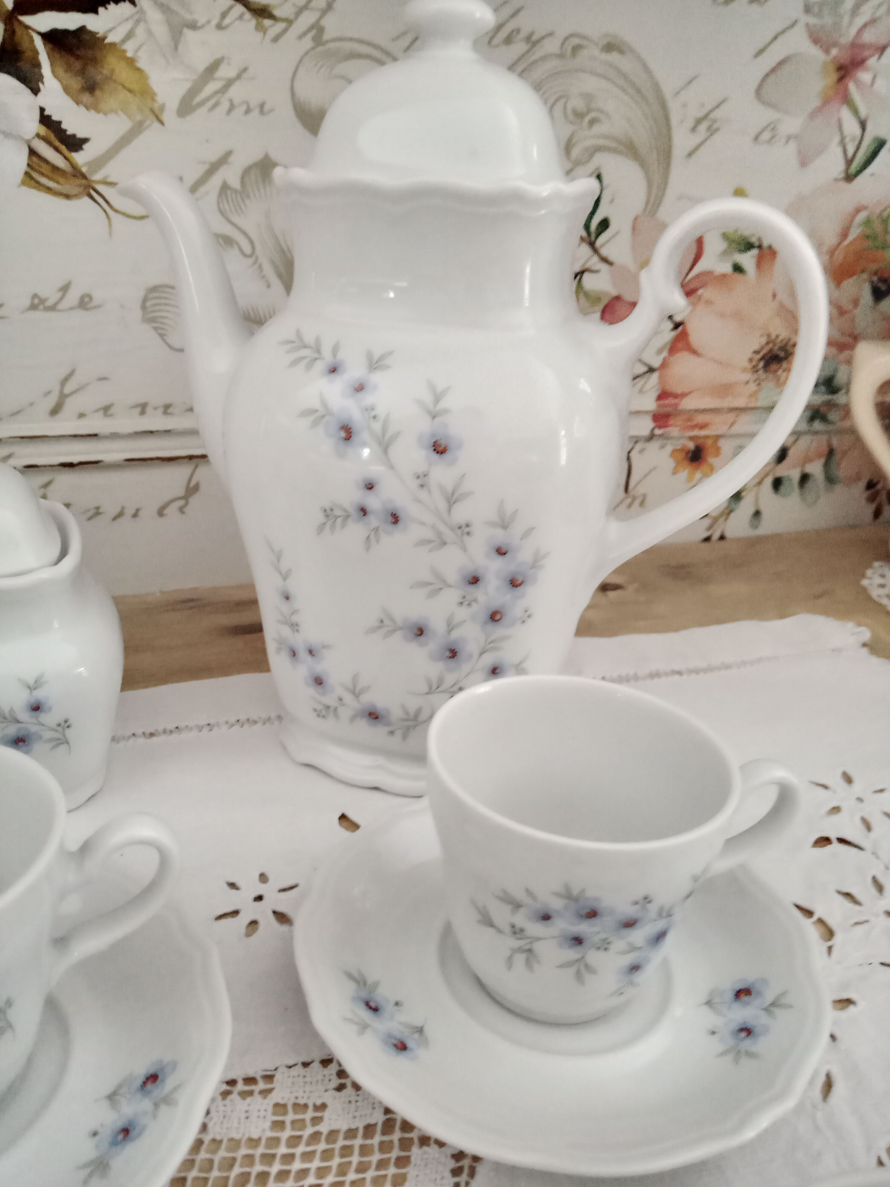Vintage 15-piece coffee set in white porcelain Bavaria with small blue flowers