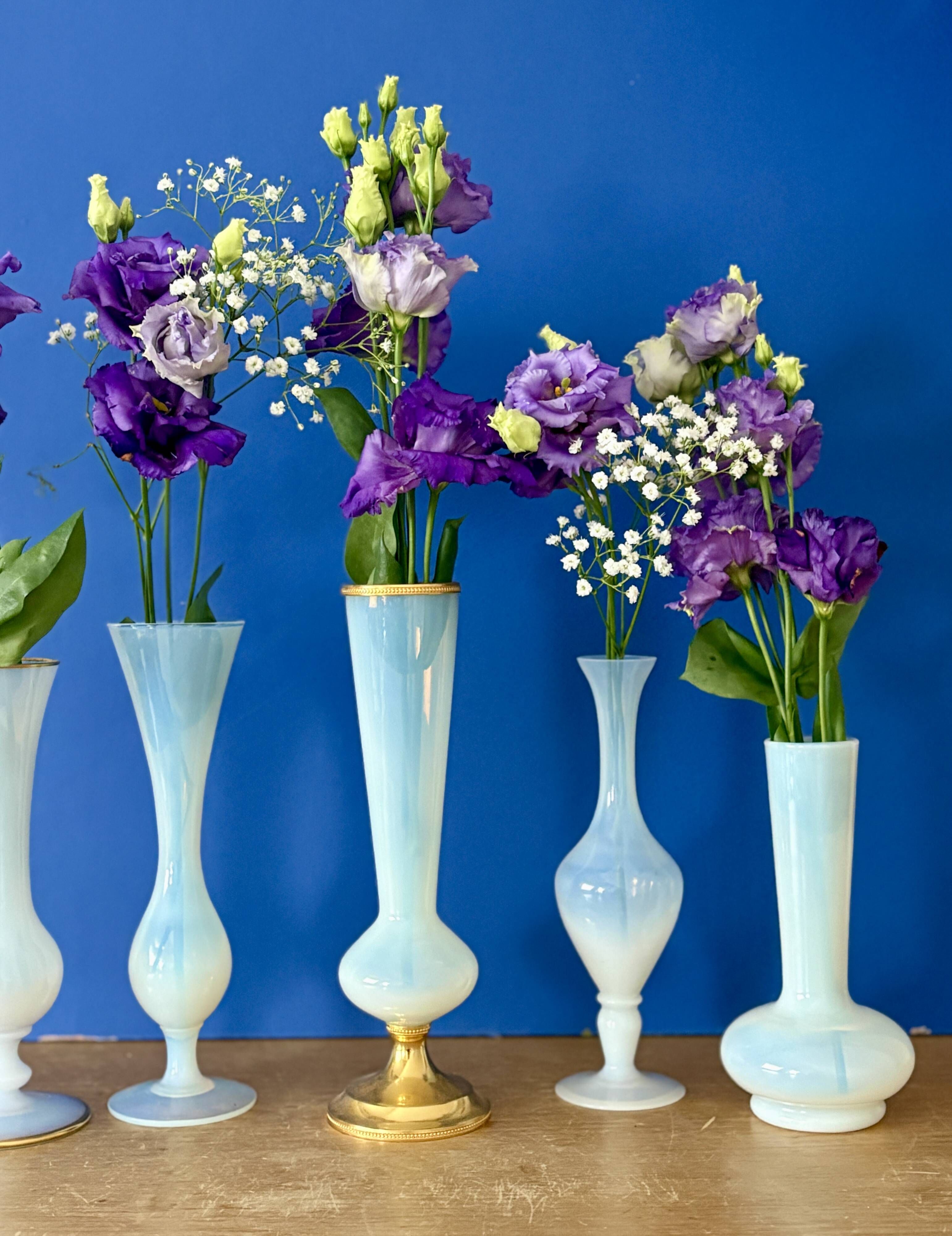 Set of 5 soliflores or antique vases in white opaline and brass.