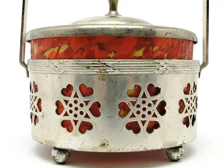 Art Nouveau sugar bowl, silver-plated brass, orange glass, Germany, early 20th century